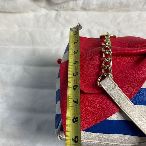 Betsey Johnson white and Bleu stripes Satchel with large red bow accent . - Picture 5 of 10